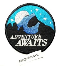 Listing image for ADVENTURE AWAITS Embroidered Patch Round Iron/sew On Biker Badge Jeans 7cm dia